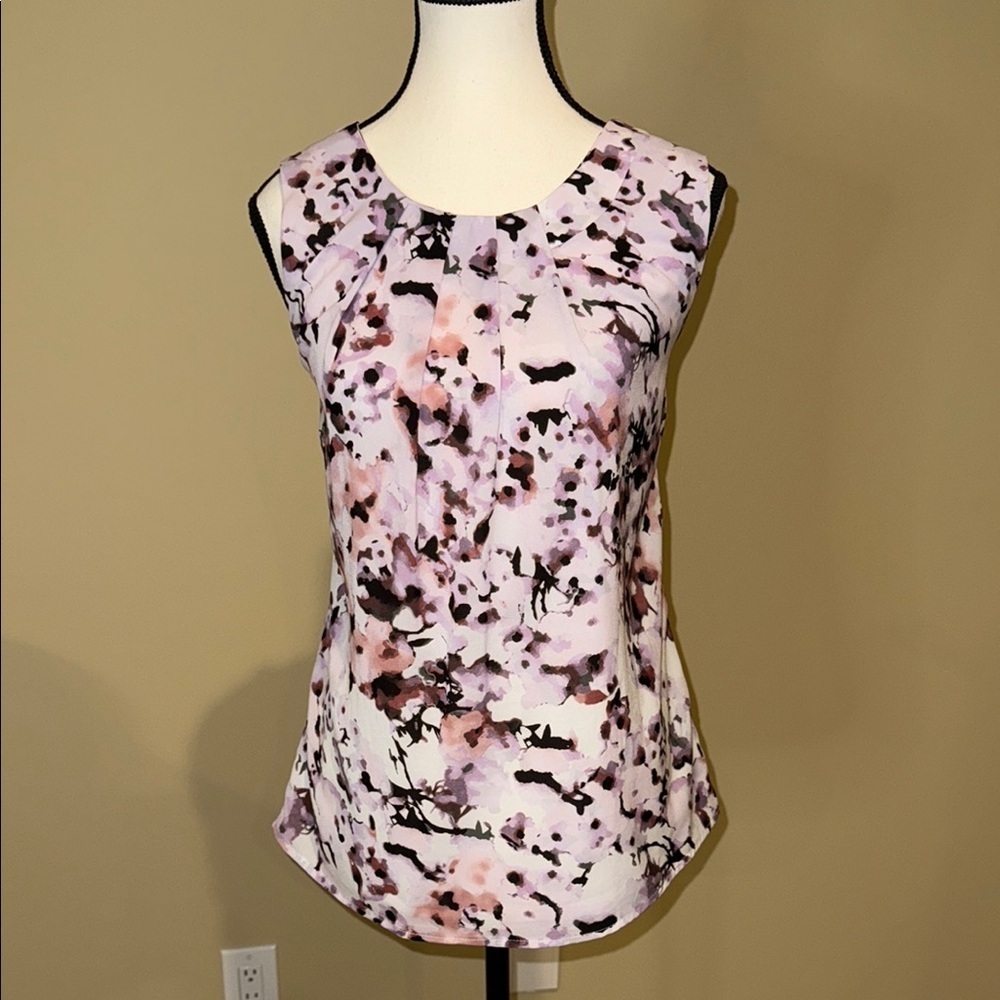 Le Chateau Blouse Pink Black Pleated Neck Tank Top Sleeveless Women’s Sz M